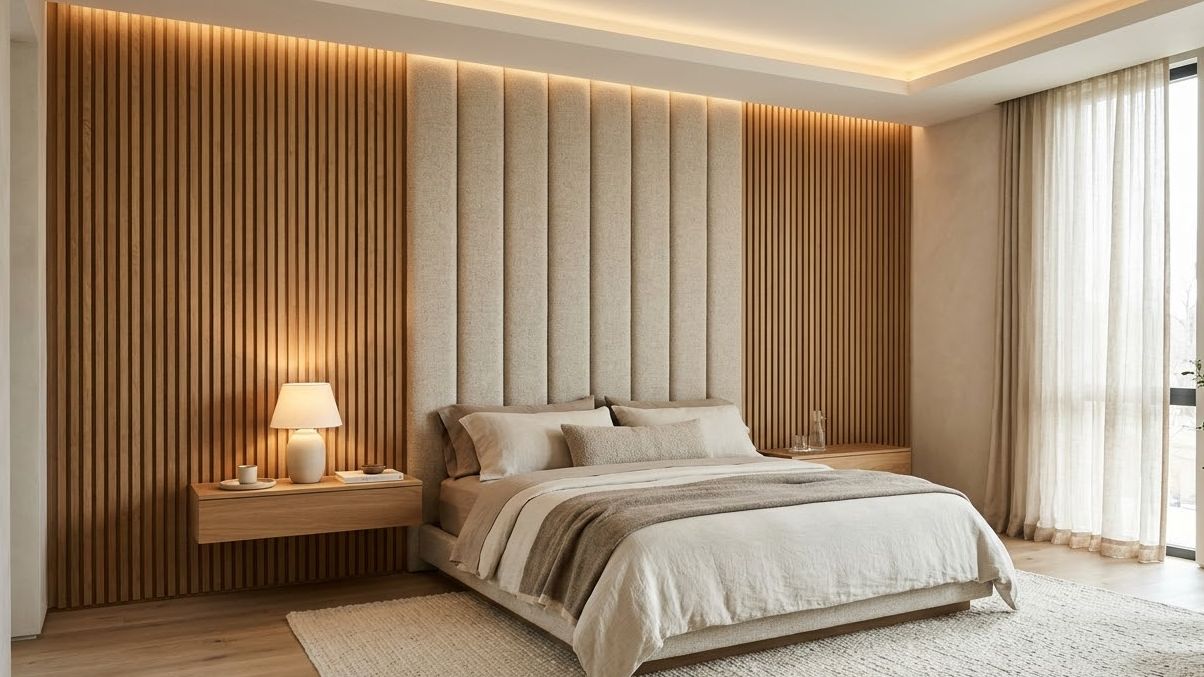 Bedroom with oak slat panelling and floating side tables