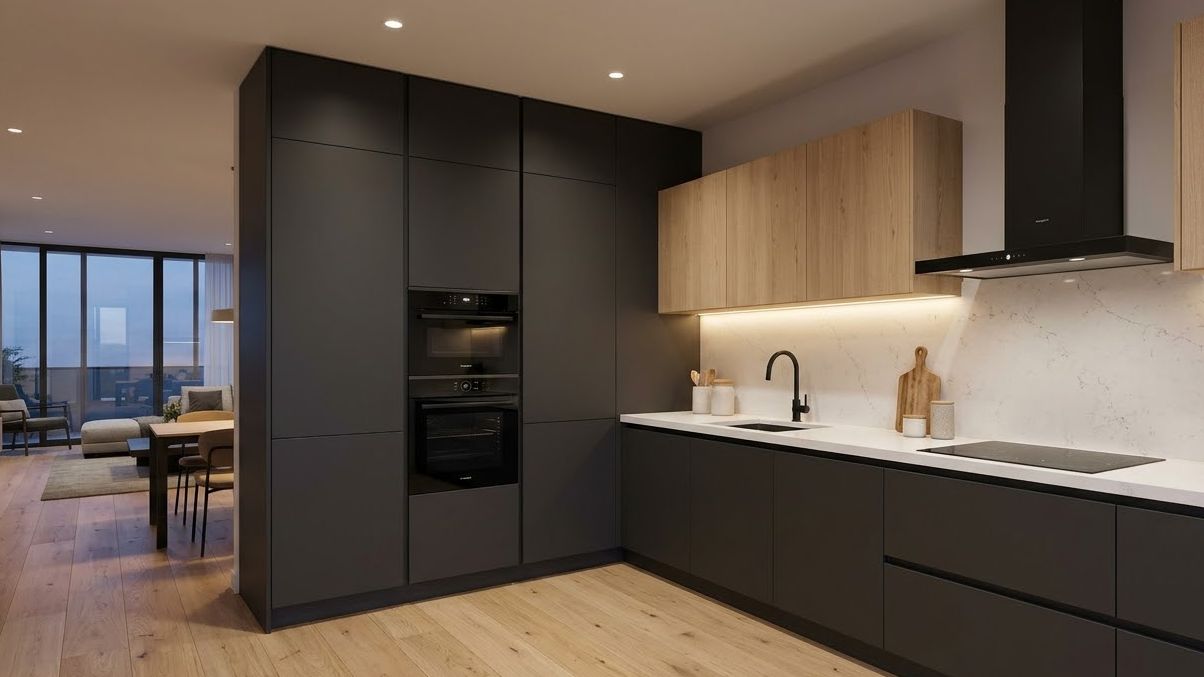 Modular kitchen with charcoal tall units and oak wall units