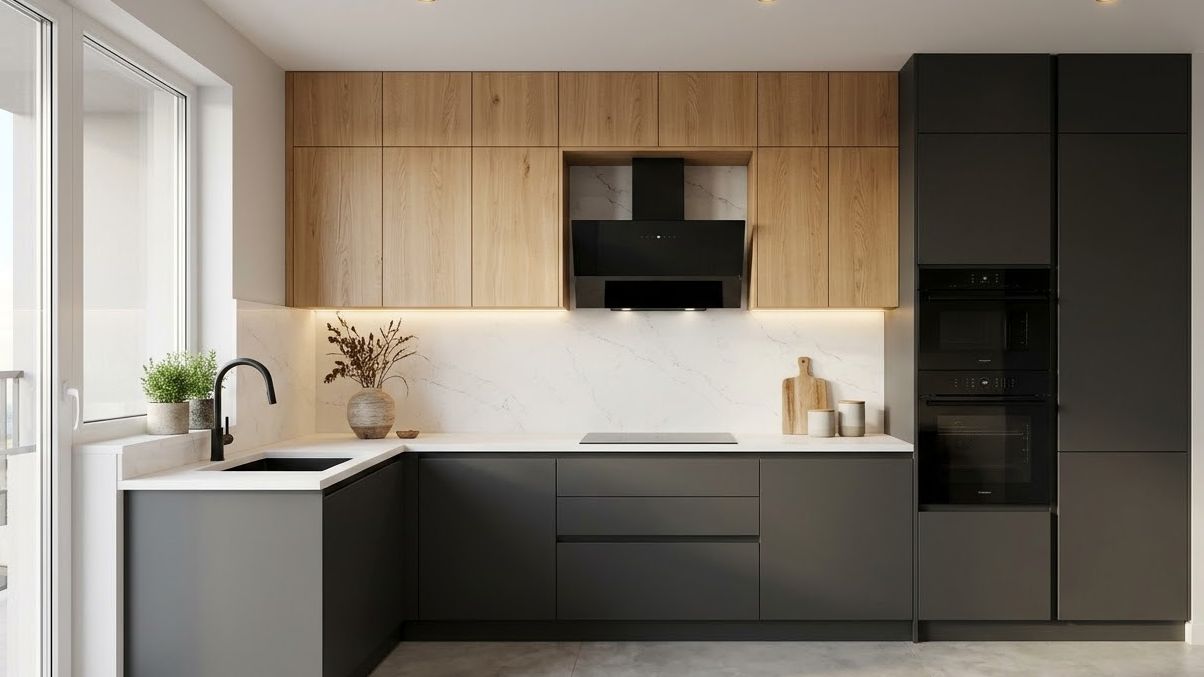 L-shaped modular kitchen with matte charcoal base units and oak wall units
