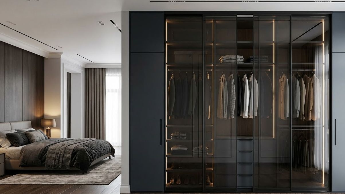 Sliding wardrobe with smoked glass doors and lit shelves